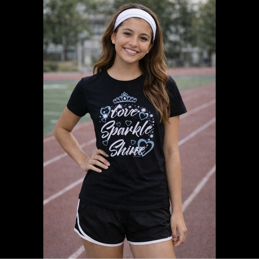 LOVE SPARKLE SHINE BLACK GRAPHIC T-SHIRT SPARKLY HEART TEE YOUTH LARGE